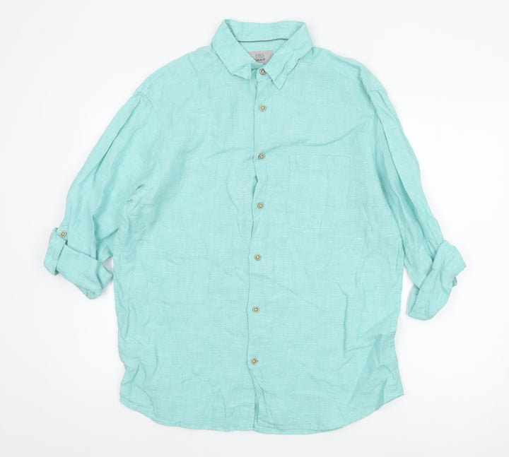 Marks and Spencer Men's Green Linen Regular Fit Long Sleeve Shirt M