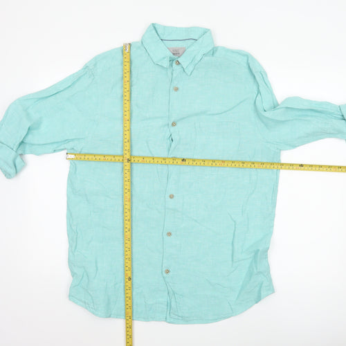 Marks and Spencer Men's Green Linen Regular Fit Long Sleeve Shirt M
