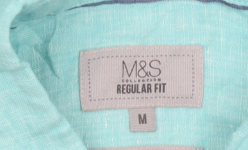 Marks and Spencer Men's Green Linen Regular Fit Long Sleeve Shirt M