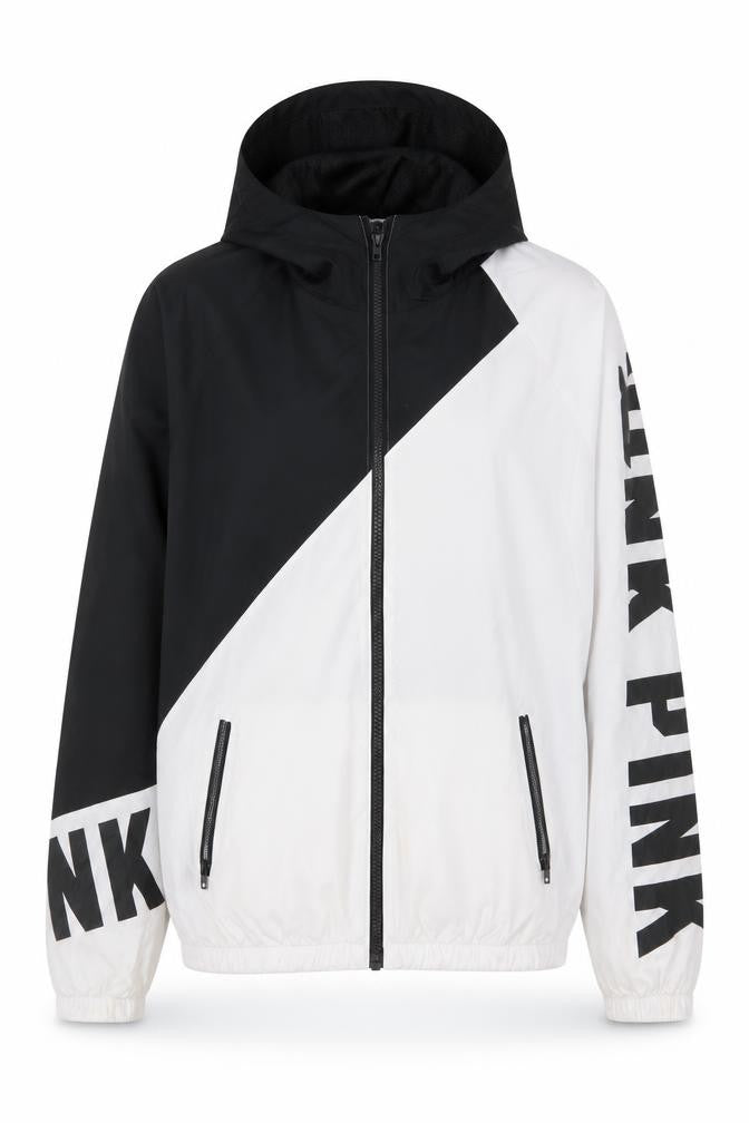 Victoria's Secret PINK Women's XS Black White Hooded Windbreaker Jacket
