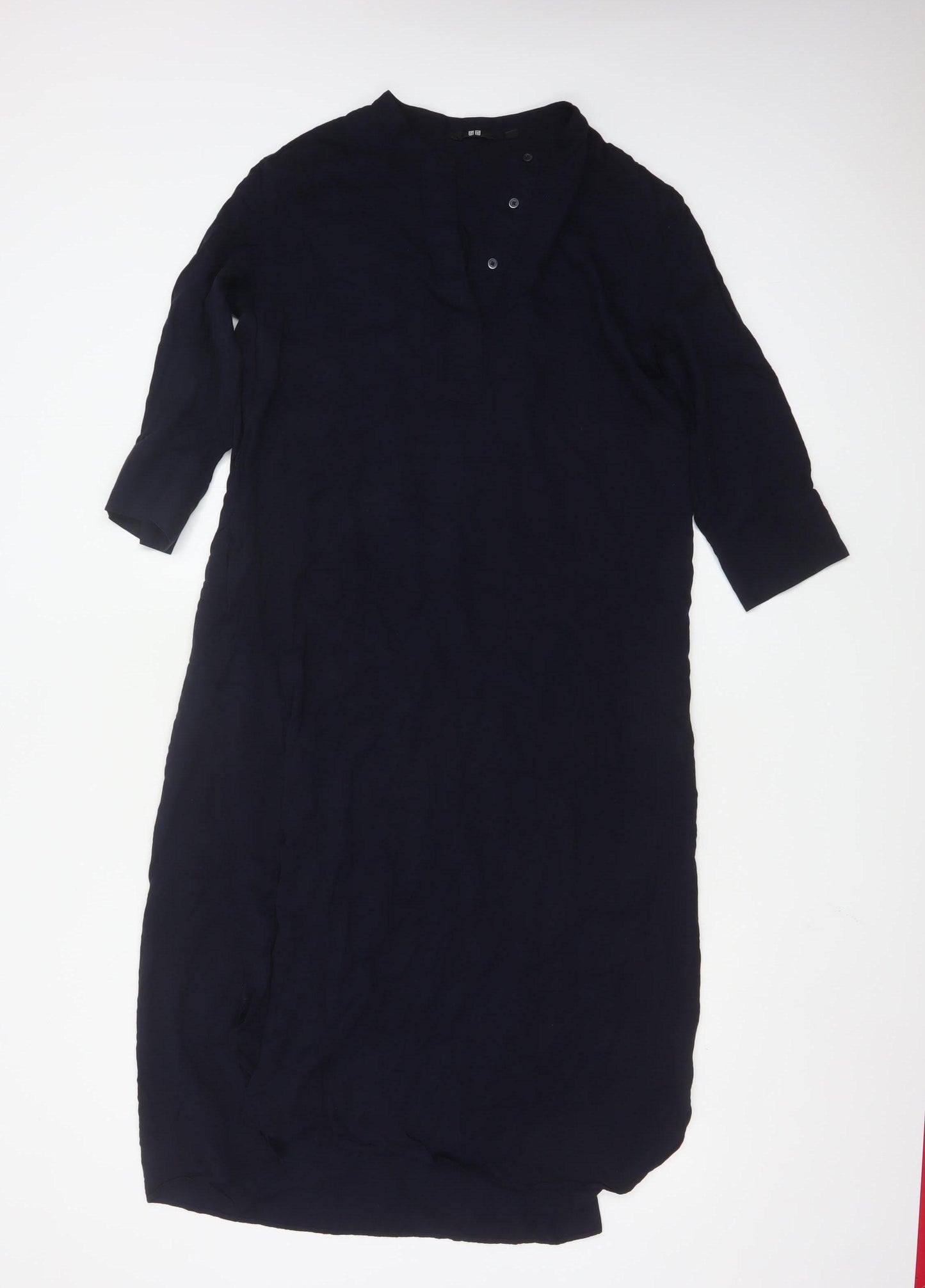 Uniqlo Women Blue Midi Shirt Dress M 3/4 Sleeve Button Classic Style
