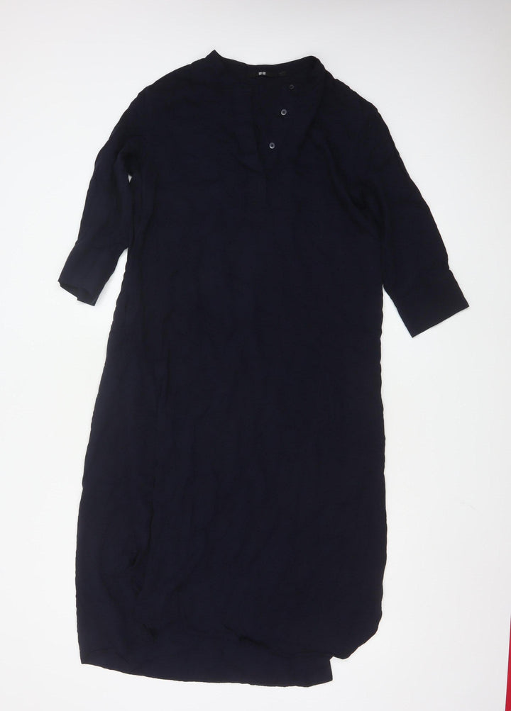 Uniqlo Women Blue Midi Shirt Dress M 3/4 Sleeve Button Classic Style