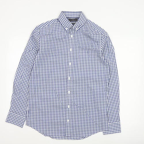 Marks and Spencer Men's Blue Check Tailored Cotton Button-Up Shirt M