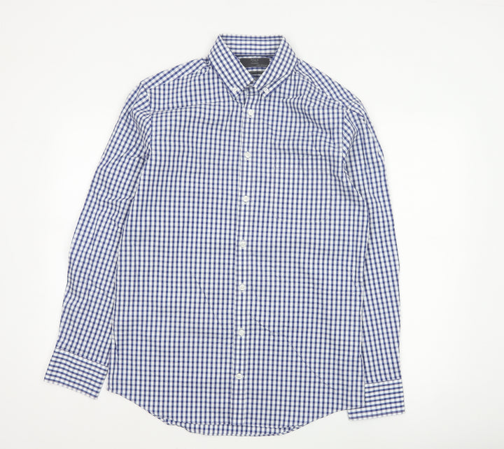 Marks and Spencer Men's Blue Check Tailored Cotton Button-Up Shirt M