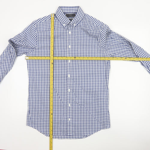 Marks and Spencer Men's Blue Check Tailored Cotton Button-Up Shirt M