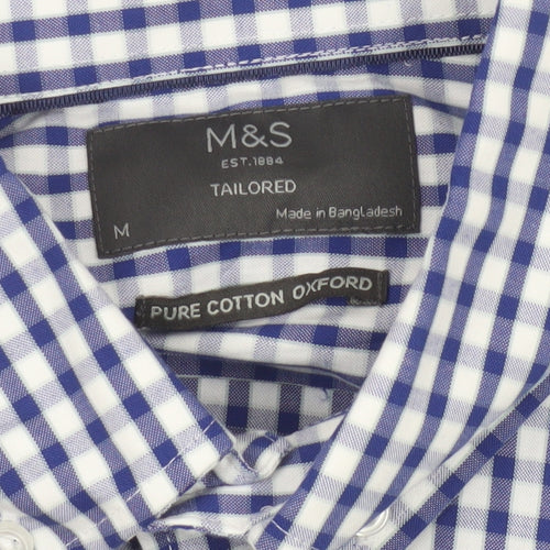 Marks and Spencer Men's Blue Check Tailored Cotton Button-Up Shirt M