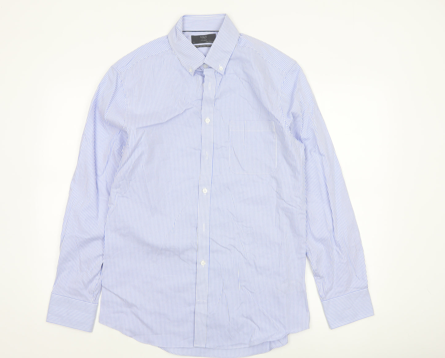 Marks and Spencer Men's Blue Striped Tailored Oxford Cotton Shirt M