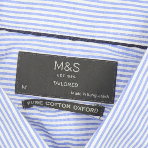 Marks and Spencer Men's Blue Striped Tailored Oxford Cotton Shirt M