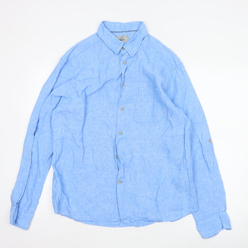 Marks and Spencer Men's Blue Regular Fit Pure Linen Shirt M