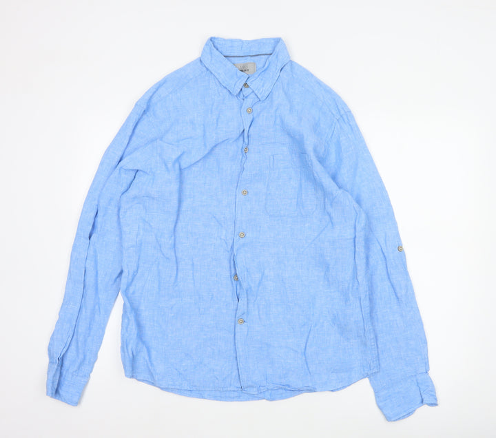 Marks and Spencer Men's Blue Regular Fit Pure Linen Shirt M