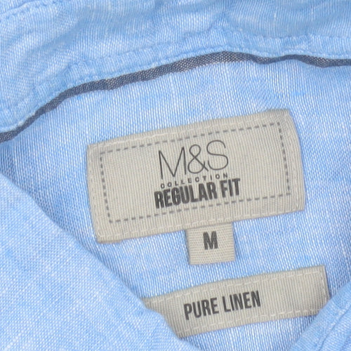Marks and Spencer Men's Blue Regular Fit Pure Linen Shirt M