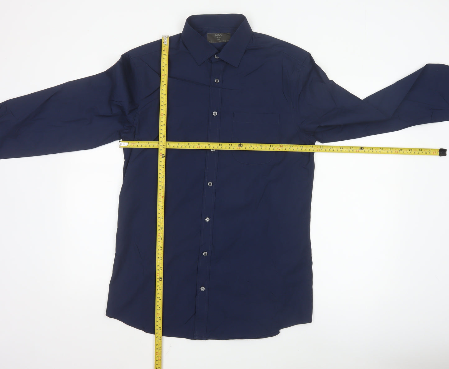 Marks and Spencer Men's Blue Slim Fit Long Sleeve Button-Up Shirt 15.5