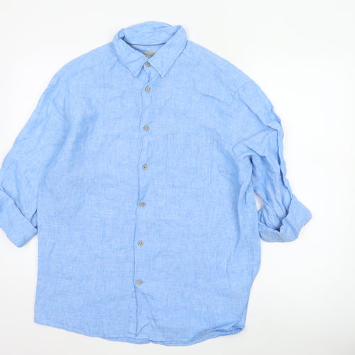 Marks and Spencer Men Blue Linen Regular Fit Long Sleeve Shirt M