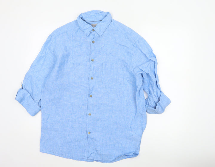 Marks and Spencer Men Blue Linen Regular Fit Long Sleeve Shirt M