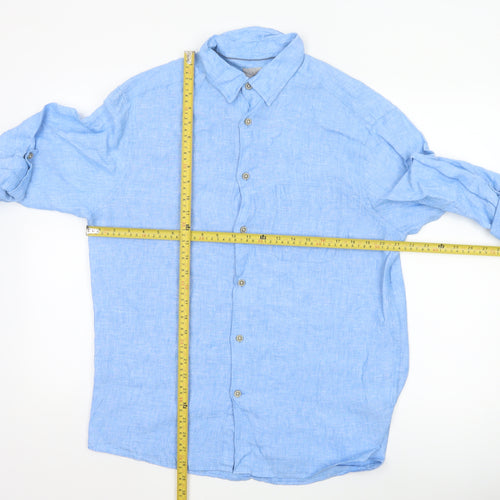 Marks and Spencer Men Blue Linen Regular Fit Long Sleeve Shirt M