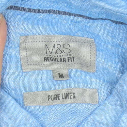 Marks and Spencer Men Blue Linen Regular Fit Long Sleeve Shirt M