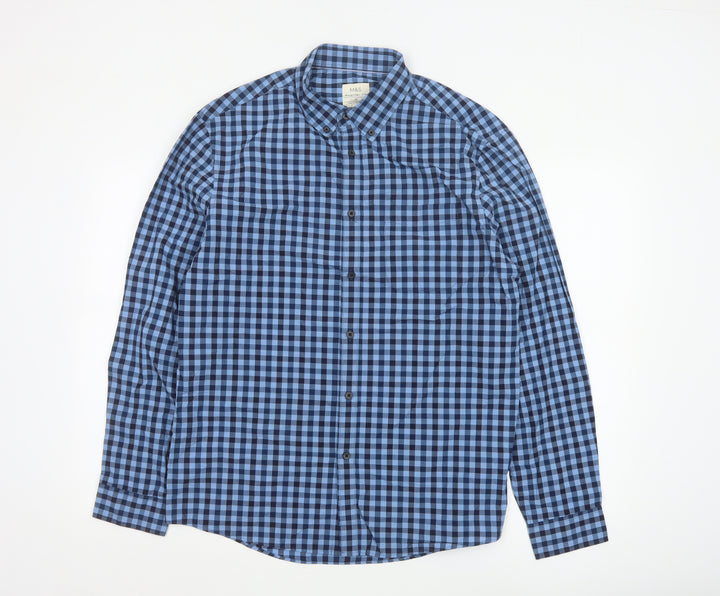 Marks and Spencer Men's Blue Check Regular Fit Cotton Shirt M