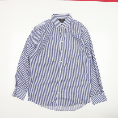 Marks and Spencer Men’s Blue Striped 15.5in Regular Fit Cotton Shirt