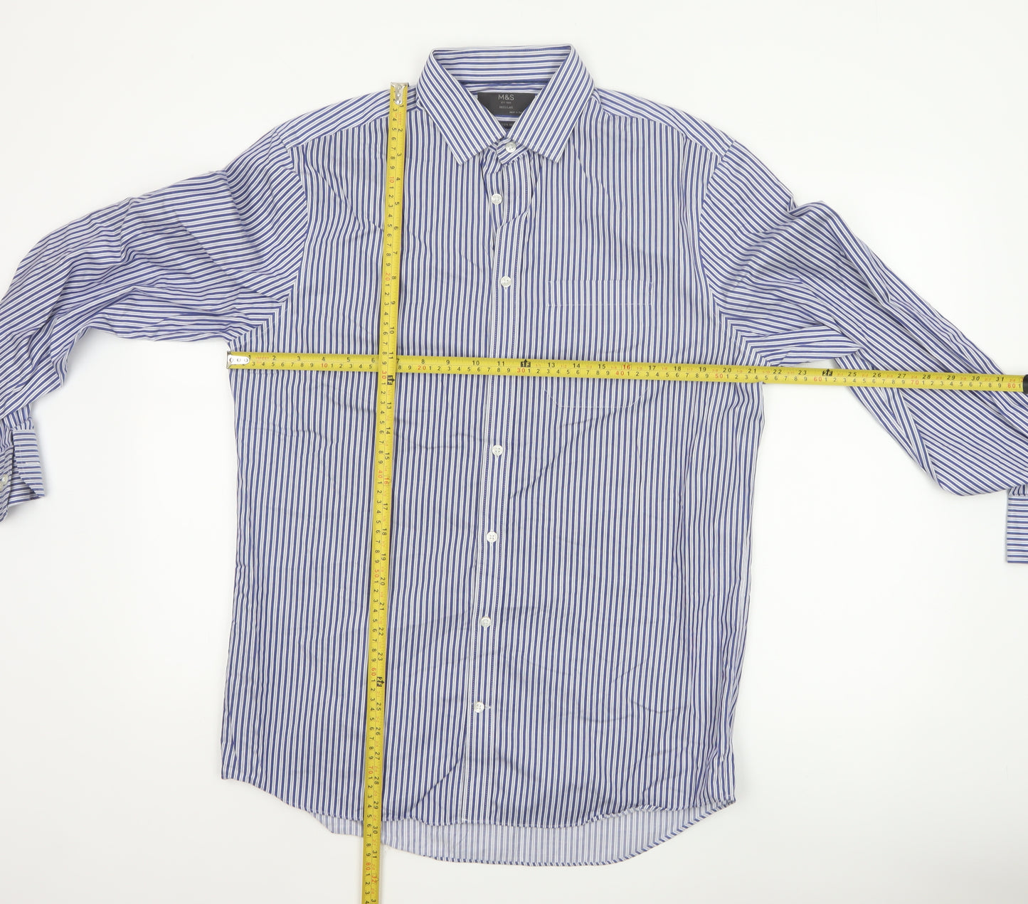 Marks and Spencer Men’s Blue Striped 15.5in Regular Fit Cotton Shirt