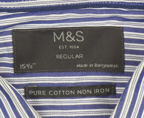 Marks and Spencer Men’s Blue Striped 15.5in Regular Fit Cotton Shirt