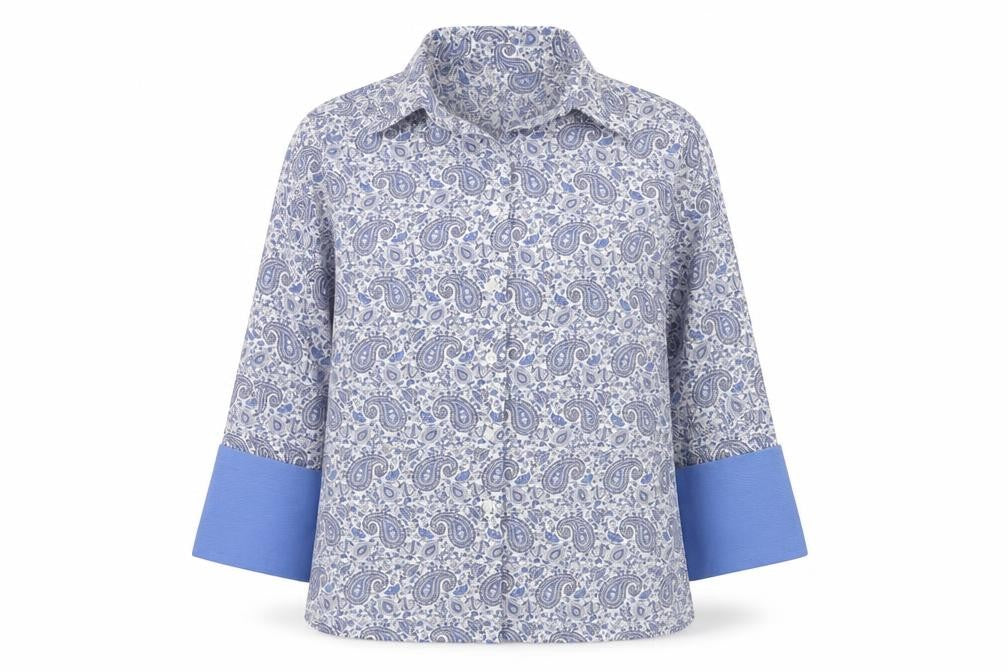 Front view of Austin Reed women’s blue paisley cotton button-up shirt, size UK 12