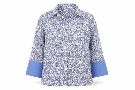 Front view of Austin Reed women’s blue paisley cotton button-up shirt, size UK 12