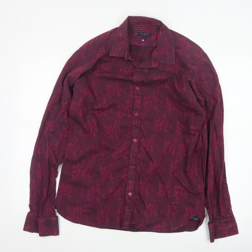 Ted Baker Men's Red Floral Long Sleeve Cotton Button-Up Shirt Size L