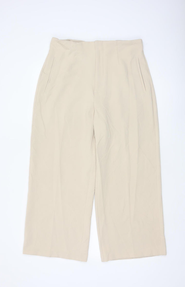 Zara Women Beige Wide-Leg Ankle Trousers XL Elegant Office Style