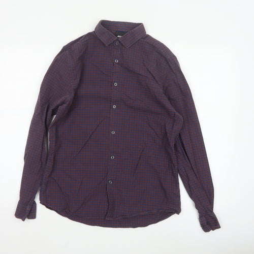 Burton Menswear London Men's Blue and Brown Check Long Sleeve Button-Up Shirt Size M