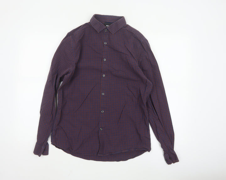 Burton Menswear London Men's Blue and Brown Check Long Sleeve Button-Up Shirt Size M