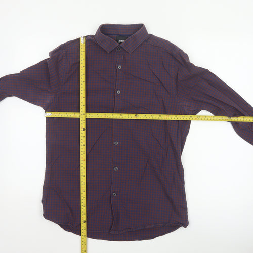 Burton Menswear London Men's Blue and Brown Check Long Sleeve Button-Up Shirt Size M