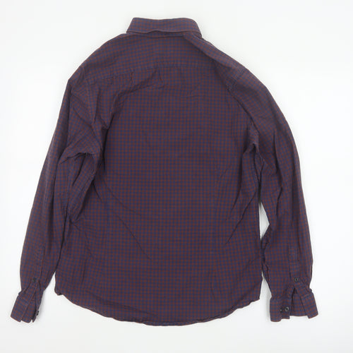Burton Menswear London Men's Blue and Brown Check Long Sleeve Button-Up Shirt Size M