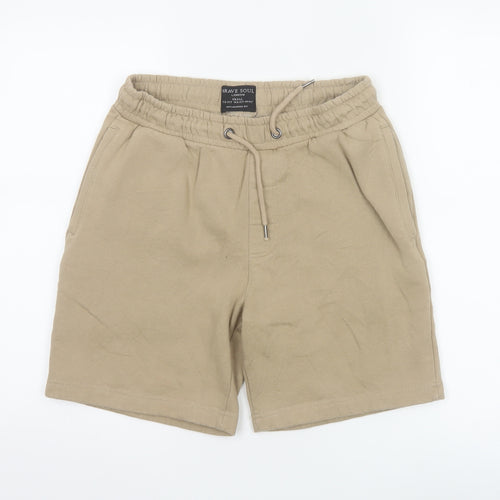 Brave Soul Men Beige Sweat Shorts S Elastic Waist Casual