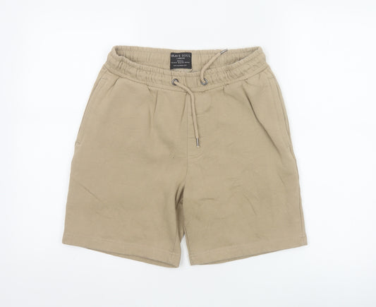 Brave Soul Men Beige Sweat Shorts S Elastic Waist Casual