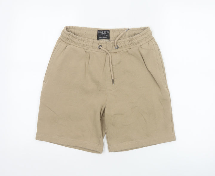 Brave Soul Men Beige Sweat Shorts S Elastic Waist Casual