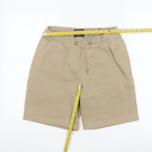 Brave Soul Men Beige Sweat Shorts S Elastic Waist Casual