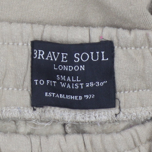 Brave Soul Men Beige Sweat Shorts S Elastic Waist Casual