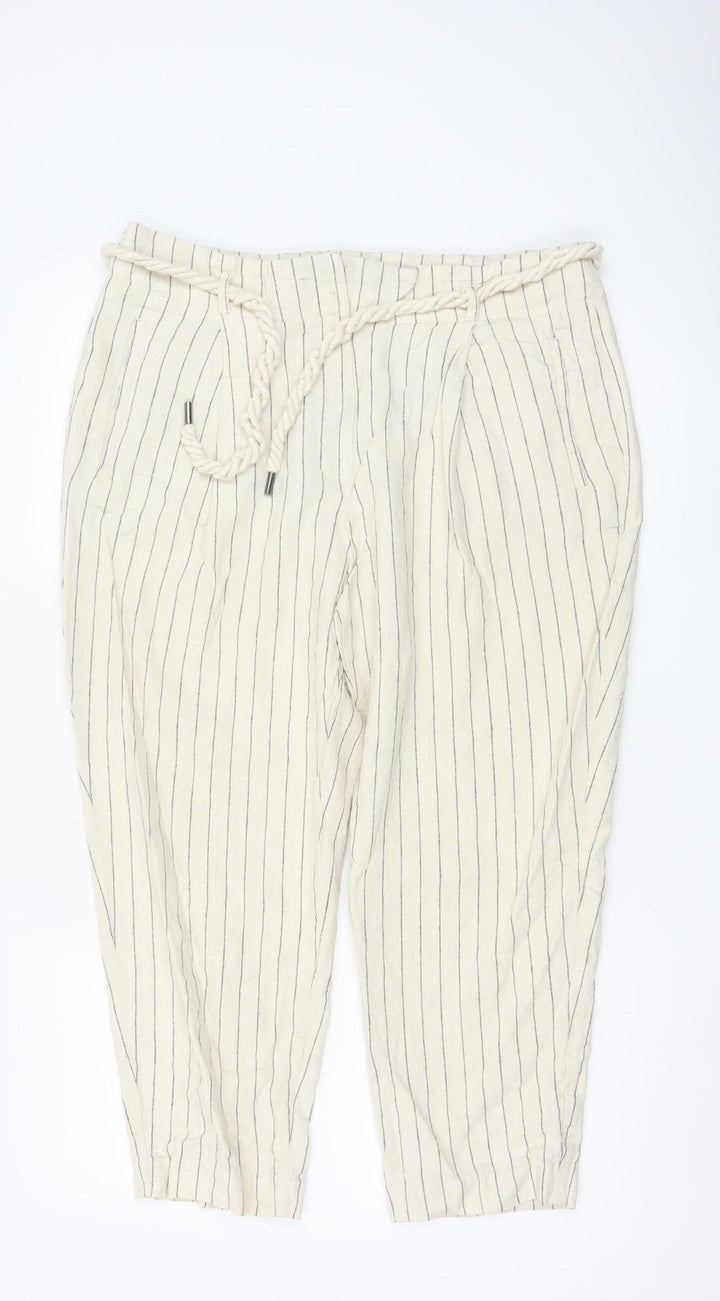 Marks and Spencer Women’s Beige Striped Linen Paperbag Trousers Size 16