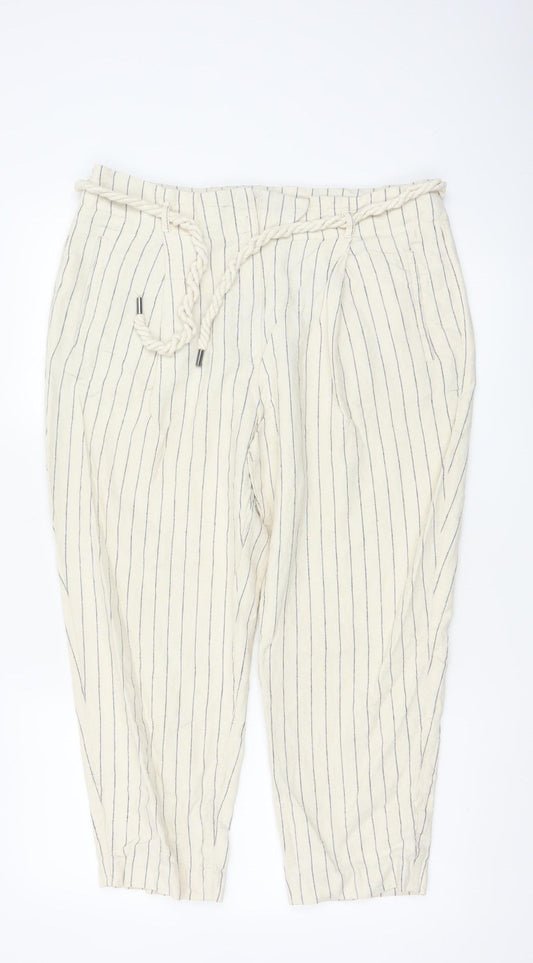 Marks and Spencer Women’s Beige Striped Linen Paperbag Trousers Size 16