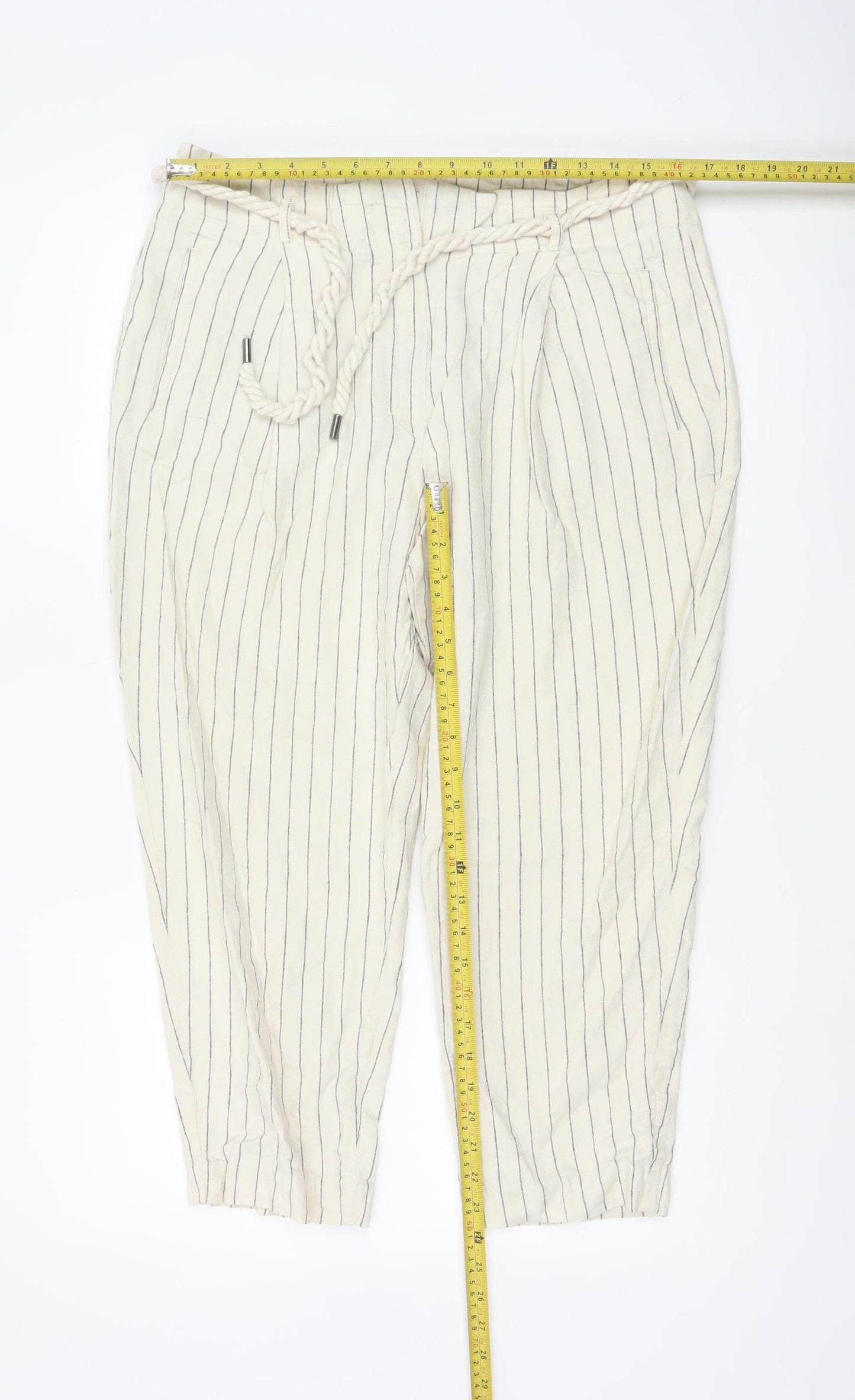 Marks and Spencer Women’s Beige Striped Linen Paperbag Trousers Size 16
