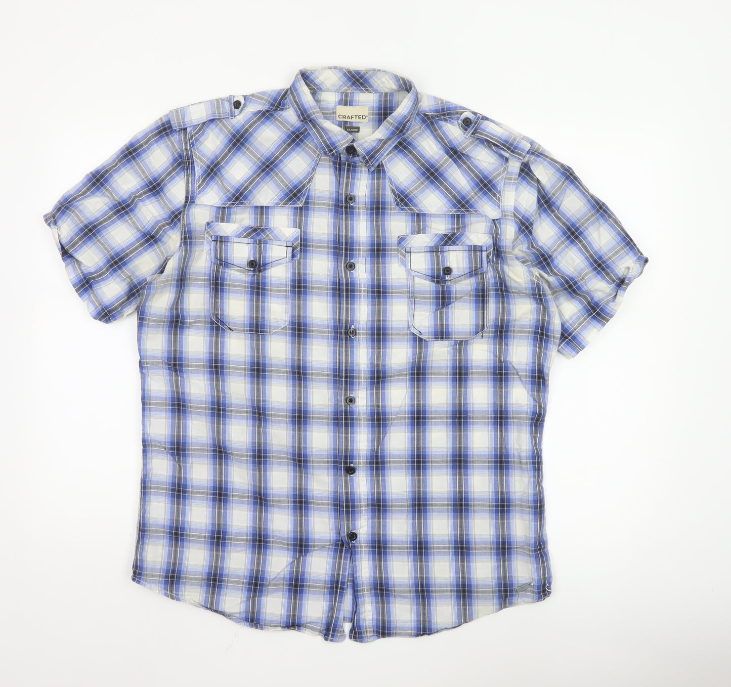 Crafted Men's Blue Check Short Sleeve Button-Up Shirt XL