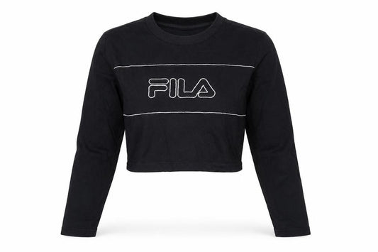 Front view of Fila Women's Black Cropped Long Sleeve Cotton T-Shirt XS