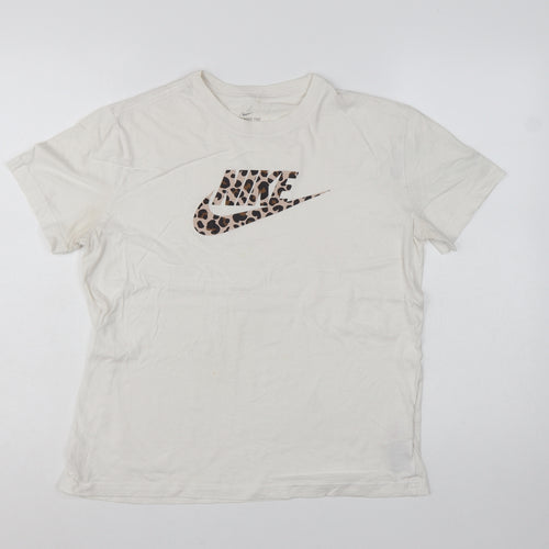 Nike Girls White Leopard Print Logo T-Shirt XL Loose Fit Sports Top