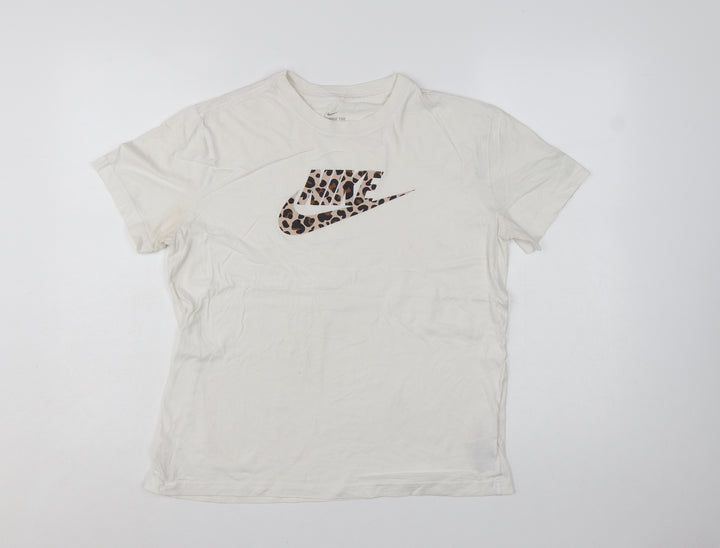 Nike Girls White Leopard Print Logo T-Shirt XL Loose Fit Sports Top
