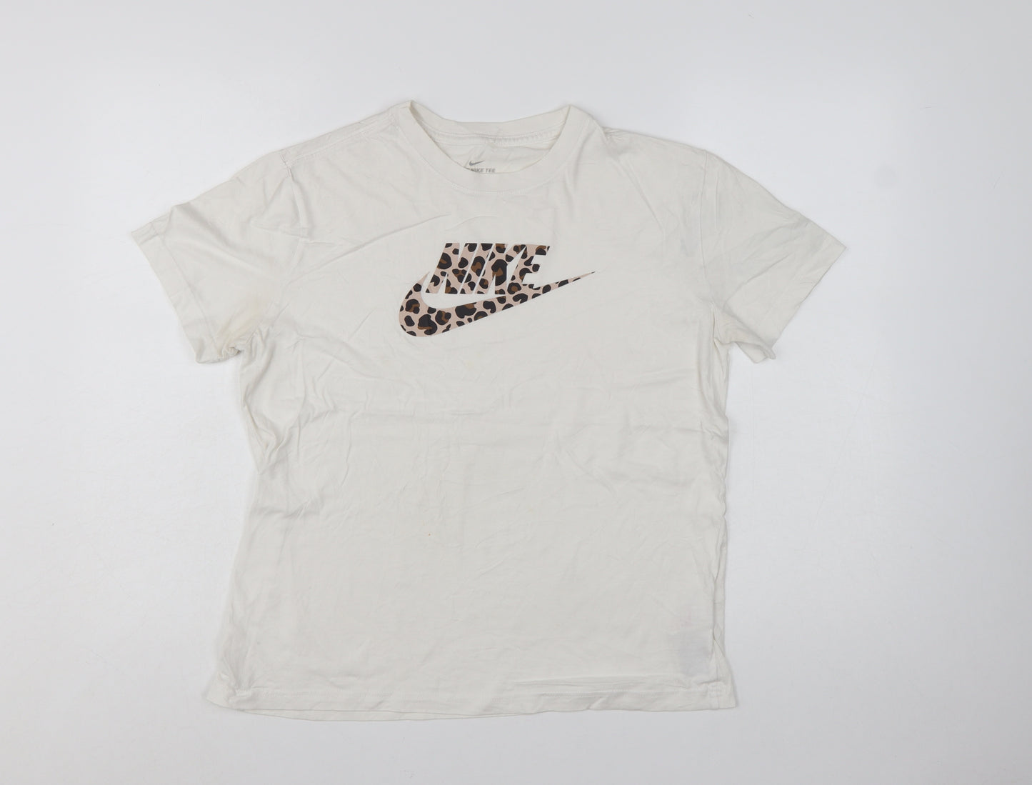 Nike Girls White Leopard Print Logo T-Shirt XL Loose Fit Sports Top