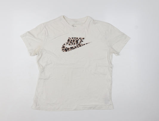 Nike Girls White Leopard Print Logo T-Shirt XL Loose Fit Sports Top