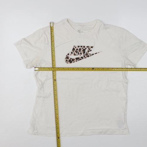 Nike Girls White Leopard Print Logo T-Shirt XL Loose Fit Sports Top