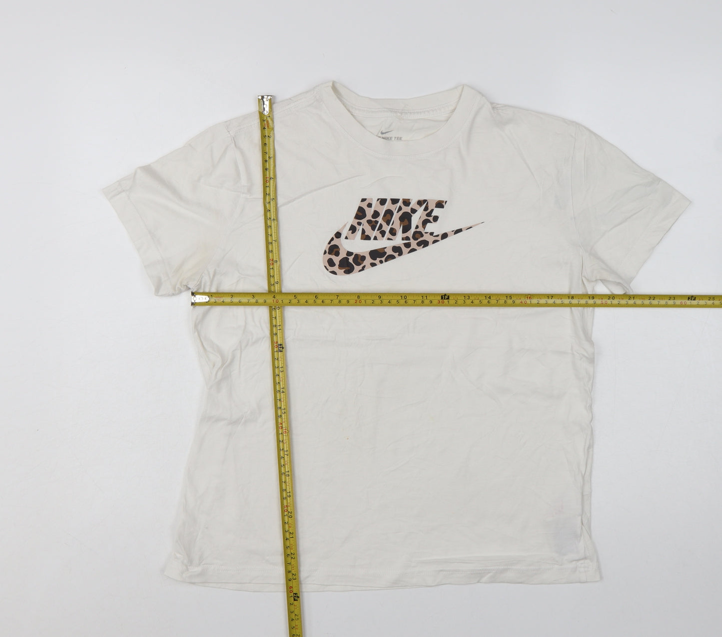 Nike Girls White Leopard Print Logo T-Shirt XL Loose Fit Sports Top