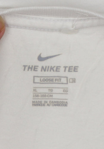 Nike Girls White Leopard Print Logo T-Shirt XL Loose Fit Sports Top
