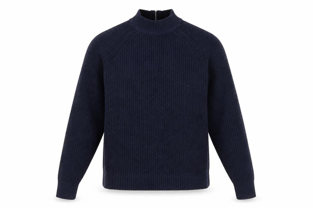 Front view of H&M Women's Blue Full Zip Mock Neck Chunky Knit Jumper, size S